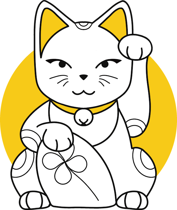 a drawing of a lucky cat with a yellow accent